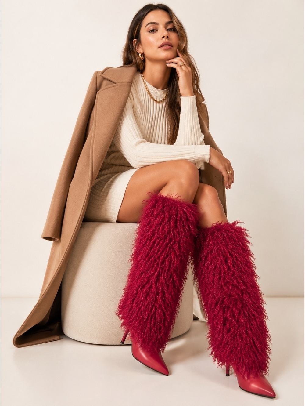 Steve Madden Icon Women's Faux Fur Boots Red Shaggy Pointed Toe Size 6 NWT